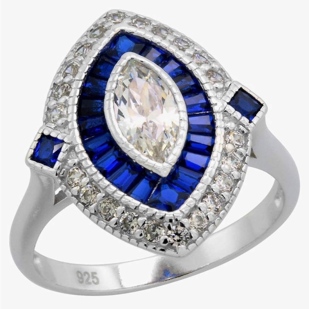 Sterling Silver Art Deco Ring Marquise CZ 9mm Synthetic Baguette Blue Sapphire 8